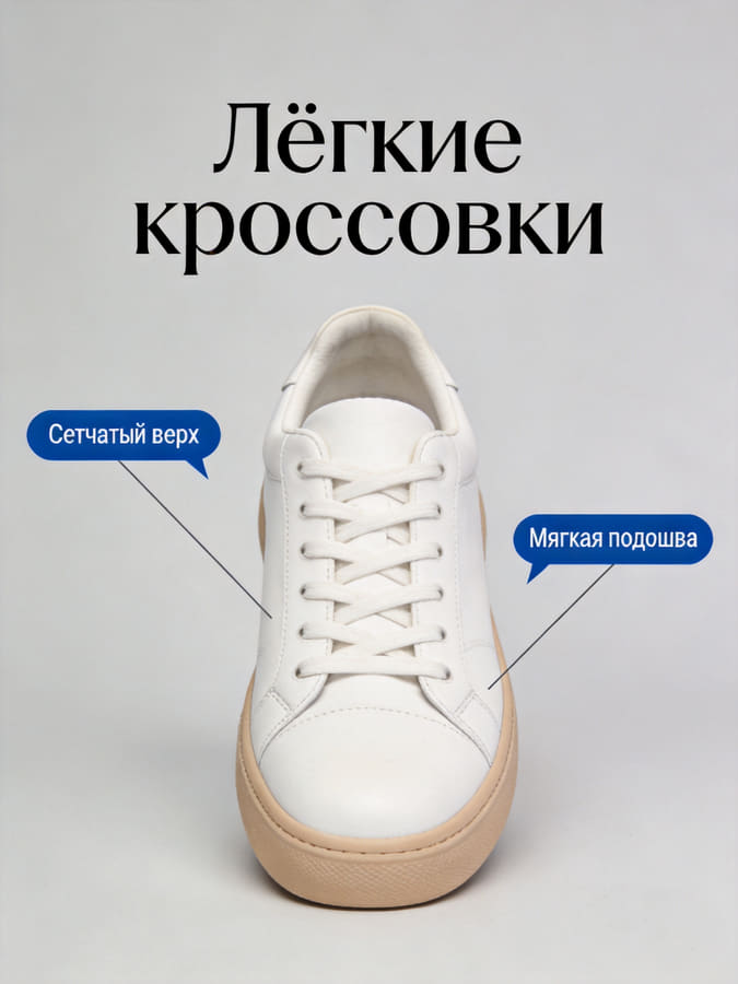 Готовая карточка: те же кроссовки, крупный заголовок «Лёгкие кроссовки» и выноски по-русски — весь текст нарисован моделью